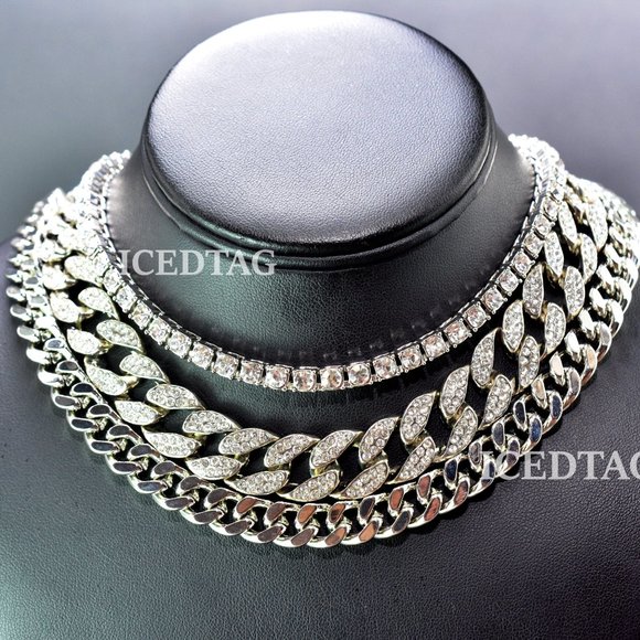 Iced Out White Gold PT Tennis, Miami Cuban, Chain